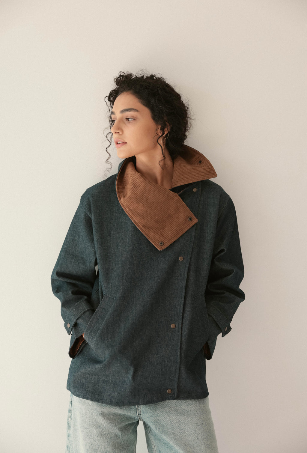 Denim jacket with brown collar detail